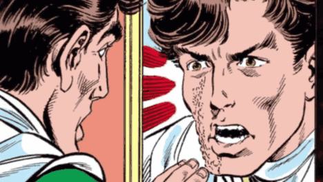 A Comic Book Character Is Looking At Himself In A Mirror GIF