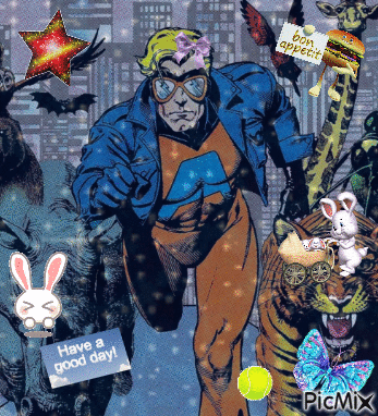 A Comic Book Character With A Sign That Says Have A Good Day On It GIF