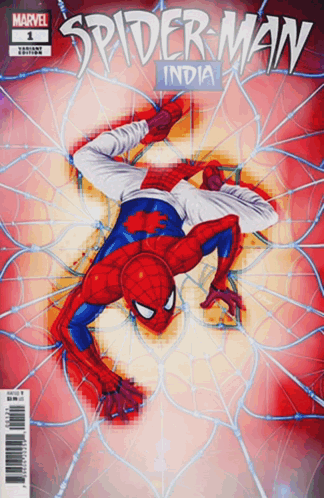 A Comic Book Cover For Spider-Man India With A Spider On It GIF