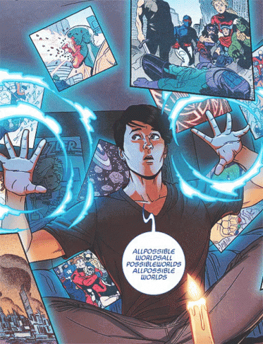 A Comic Book Page Shows A Man Surrounded By Pictures And Says All Possible Worlds Are Possibleworlds All Possible Words GIF