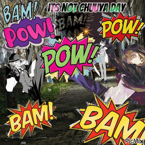 A Comic Book Scene With The Words Pow And Bam On It GIF