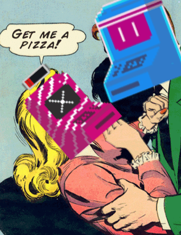 A Comic Strip Shows A Man Holding A Woman With A Box On Her Head That Says ' Get Me A Pizza ' GIF