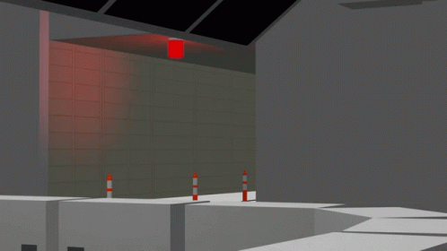 A Computer Generated Image Of A Blue Truck In A Warehouse GIF