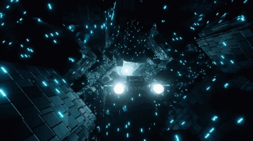 A Computer Generated Image Of A Dark Room With Blue Lights Coming Out Of It GIF