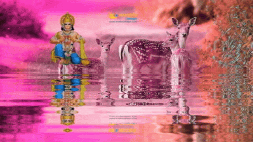 A Computer Generated Image Of A Deer And A Statue Of A Deity In The Water GIF