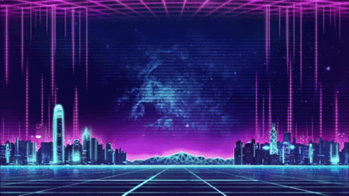 A Computer Generated Image Of A Futuristic City With Purple Lights GIF