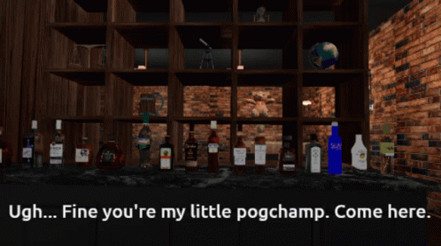 A Computer Generated Image Of A Girl Holding A Glass Of Beer With The Words Ugh Fine You 'Re My Little Pogchamp Come Her GIF