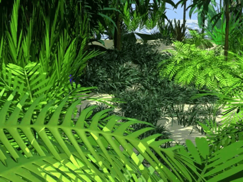 A Computer Generated Image Of A Jungle With Palm Trees And Ferns GIF