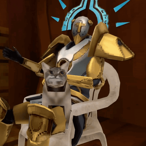 a computer generated image of a knight with a cat on his shoulders