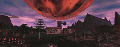 A Computer Generated Image Of A Landscape With A Large Red Object In The Sky Above A Building GIF