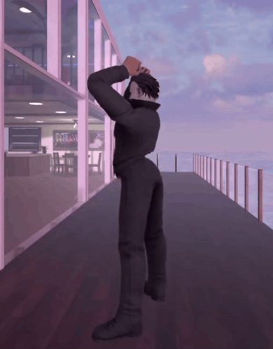a computer generated image of a man standing on a balcony looking out a window