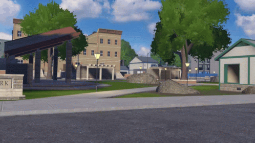 A Computer Generated Image Of A Park With A Sign That Says Park GIF