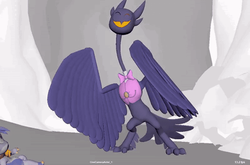 A Computer Generated Image Of A Purple Bird With A Pink Flower On Its Head GIF