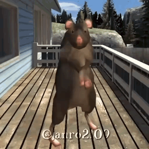 A Computer Generated Image Of A Rat Standing On A Wooden Deck . GIF