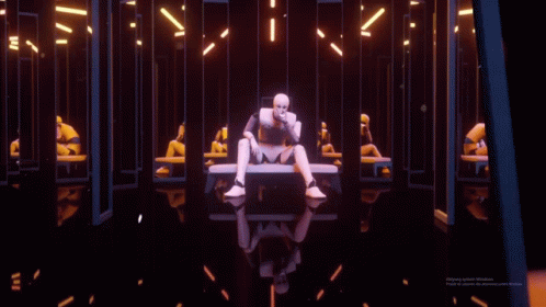 A Computer Generated Image Of A Robot Sitting In Front Of A Row Of Other Robots GIF