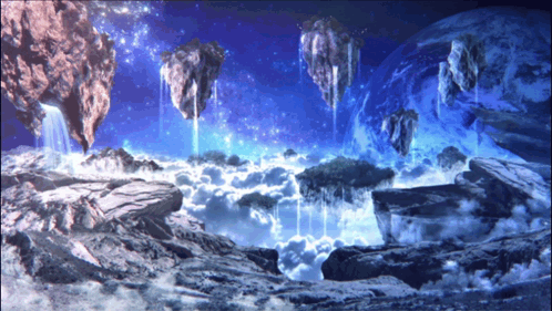 A Computer Generated Image Of A Rocky Landscape With Floating Rocks In The Sky GIF