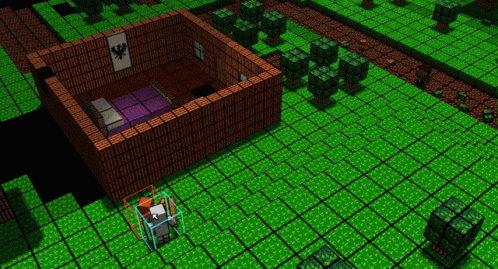 a computer generated image of a room with a purple bed