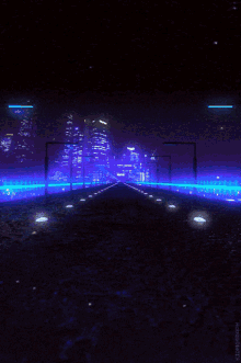 A Computer Generated Image Of A Street At Night With A City In The Background And A Purple Light GIF