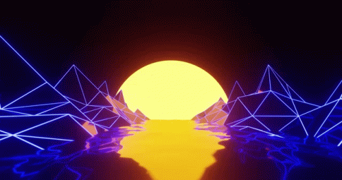 A Computer Generated Image Of A Sunset With Mountains And Water GIF