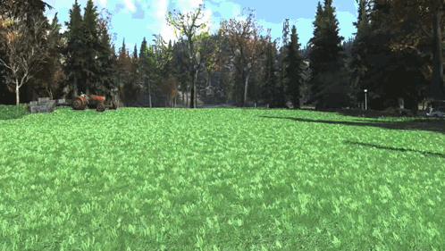 A Computer Generated Image Of A Tractor In A Grassy Field GIF