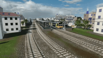 A Computer Generated Image Of A Train Going Down Train Tracks GIF
