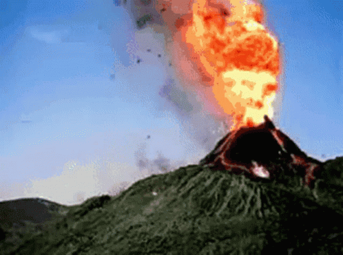 A Computer Generated Image Of A Volcano Erupting With Flames Coming Out Of It GIF