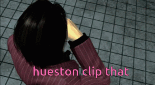 A Computer Generated Image Of A Woman Covering Her Ears With Her Hands And The Words " Hueston Clip That " Below Her GIF