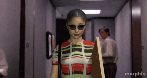 A Computer Generated Image Of A Woman Smoking A Cigarette And Holding A Piece Of Wood With The Word Morphin Below Her GIF