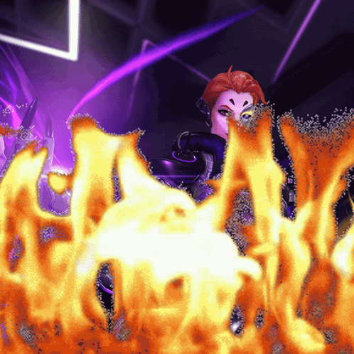 A Computer Generated Image Of A Woman Surrounded By Purple And Orange Flames GIF