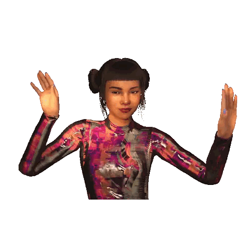 a computer generated image of a woman with her eyes closed and her hands in the air