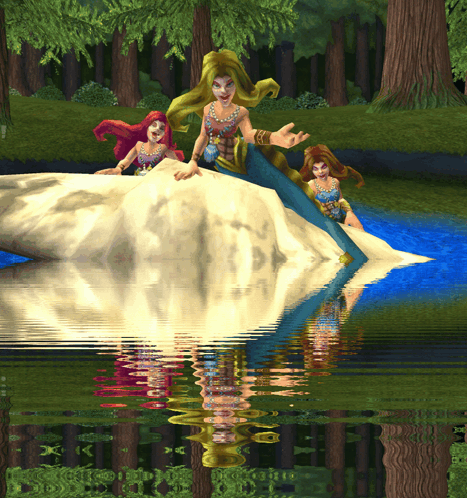 A Computer Generated Image Of Three Mermaids In A River GIF