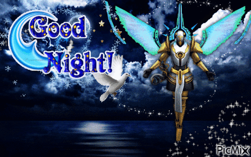 a computer generated image that says good night with a robot and a dove