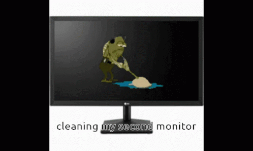 A Computer Monitor With A Picture Of A Frog And The Words " Cleaning My Second Monitor " GIF