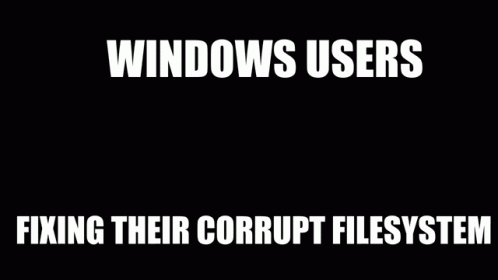 A Computer Monitor With The Words Windows Users Fixing Their Corrupt Filesystem GIF