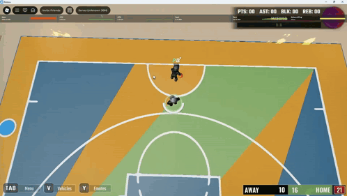 a computer screen shows a basketball game being played with a scoreboard showing pts 00 as the score