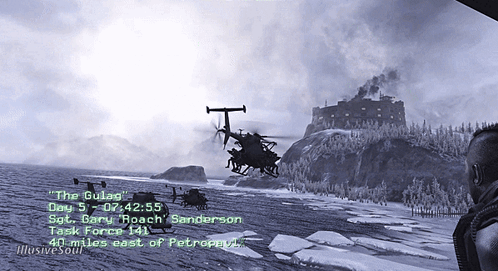 A Computer Screen Shows A Helicopter Flying Over A Body Of Water And Says " The Gulag " GIF