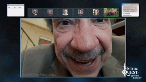 A Computer Screen Shows A Man With A Mustache And The Words Mythic Quest On The Bottom GIF