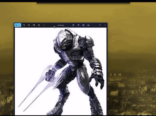 A Computer Screen Shows A Picture Of A Robot Holding A Sword And The Time Is 2Am GIF