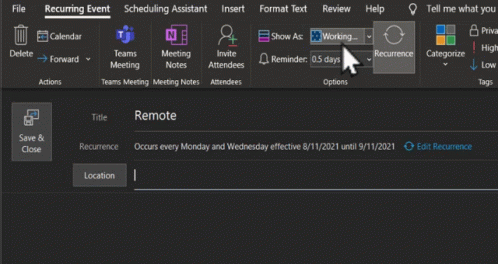 A Computer Screen Shows A Remote Meeting That Occurs Every Monday And Wednesday Effective 8/1/2021 Until 9/11/2021 GIF