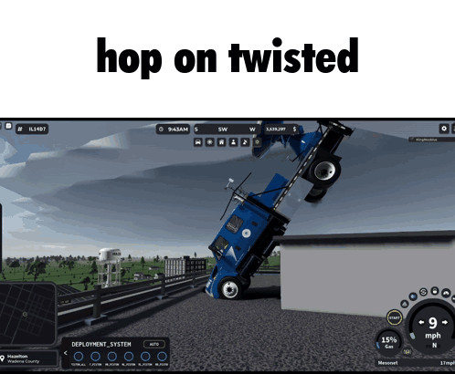 A Computer Screen Shows A Truck On Its Side With The Words Hop On Twisted Above It GIF