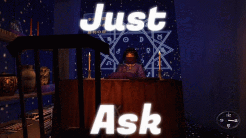 Woman Sitting At Table With Just Ask Text GIF