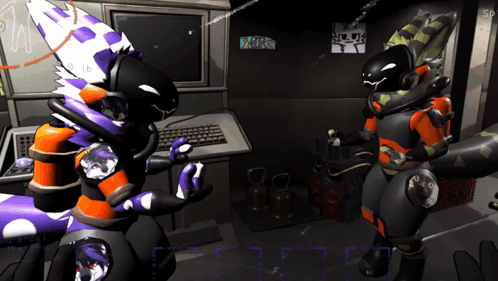 A Computer Screen Shows Two Furry Characters Standing Next To Each Other With The Letters Sp On The Bottom GIF