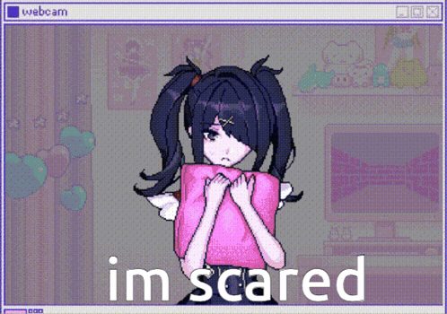 A Computer Screen With A Girl Holding A Pink Pillow And The Words Im Scared Below Her GIF
