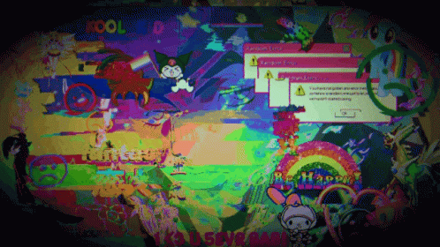 A Computer Screen With A Rainbow Colored Background And The Word Kool Kid On The Bottom Right GIF