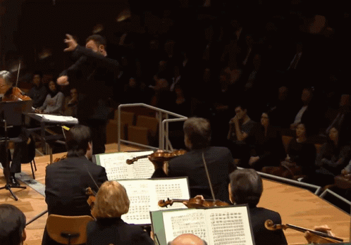 A Conductor Directs An Orchestra Playing Violins And A Piano GIF