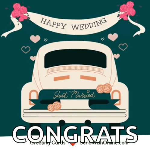 A Congratulations Card With A Car That Says Happy Wedding Just Married GIF