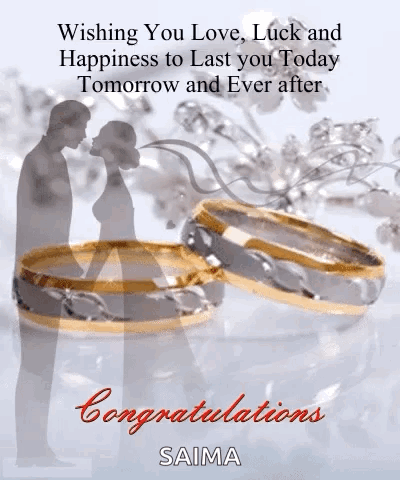 A Congratulations Card With A Silhouette Of A Bride And Groom And Wedding Rings GIF