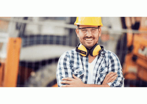 A Construction Worker Wearing A Hard Hat And Ear Protectors GIF
