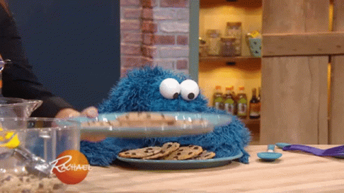 A Cookie Monster Is Sitting On A Plate Of Cookies With Rachael Written On The Bottom GIF