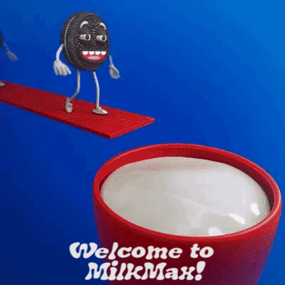 A Cookie With Arms And Legs Is Jumping Off A Diving Board Into A Cup Of Milk .. GIF